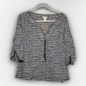 J.Crew Womens White Navy Blue Print Polka Dot 3/4 Sleeve V Neck Blouse Size 8